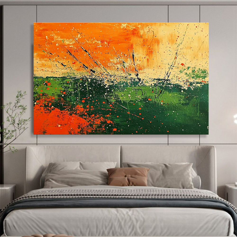 Abstract landscape featuring vibrant orange and green hues with textured brush strokes and splattered paint adds a unique touch to any space.SC090
