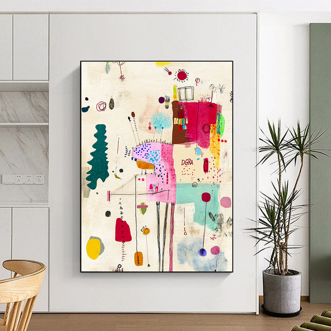A Large Abstract Art Piece Featuring Sewing Elements Textured Paper Soft Colors Scribbled Lines and the Text DGRA.STSC934