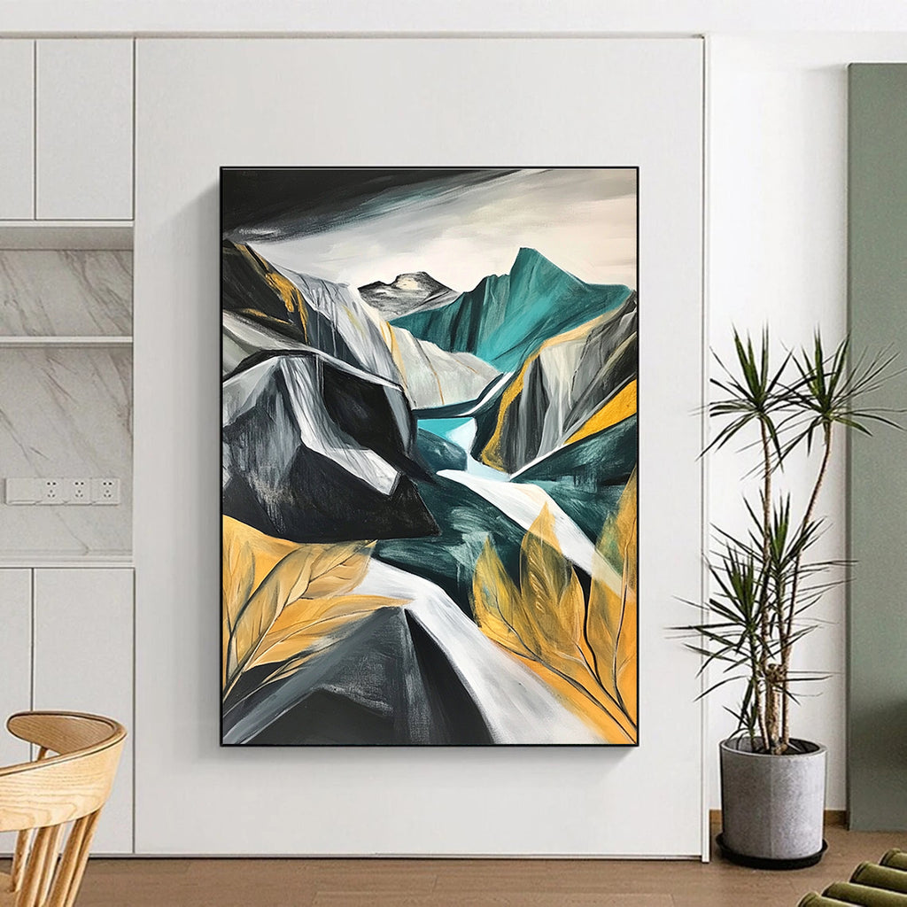 Large abstract painting of mountains and rocks featuring grey white teal gold black and green with a low angle close-up of leaves and a snow storm.STSC191