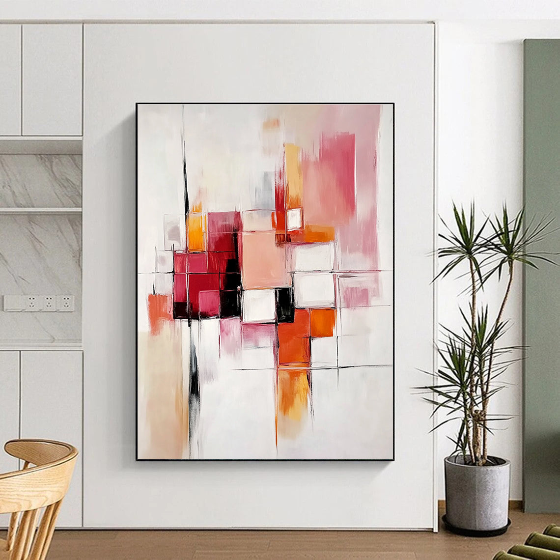 Abstract oil painting with bold brush strokes and geometric shapes in light pink, orange, red, white, grey, and beige on a white background.STSC582