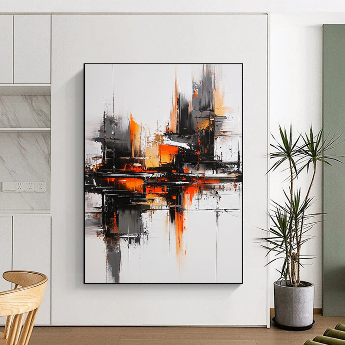 Large abstract oil painting featuring a gray and orange color scheme with a black cityscape bold brush strokes and heavy shadows for a mysterious atmosphere.STSC1353