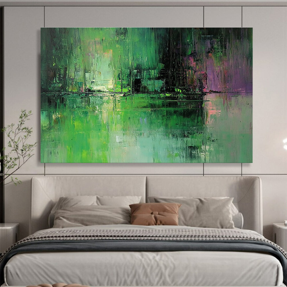 Large abstract oil painting of a green and grey lake with subtle reflections inspired by Jeremy Mann's muted color palette.SC114