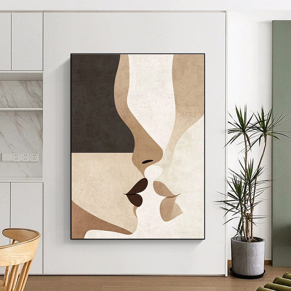 Abstract art in minimalist Japandi style featuring subtle nose and mouth shapes in neutral earthy tones of beige black white grey and brown.STSC1342