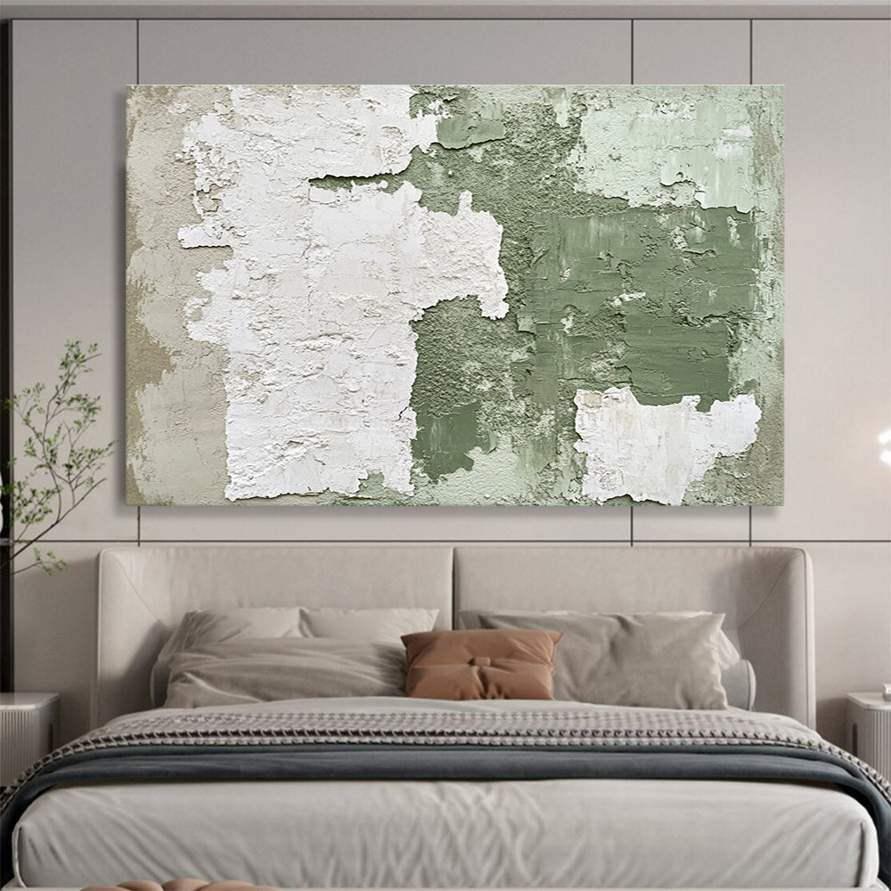 Abstract painting with a vintage feel featuring peeling green and white wall textures and distressed elements in dark brown tones.SC470