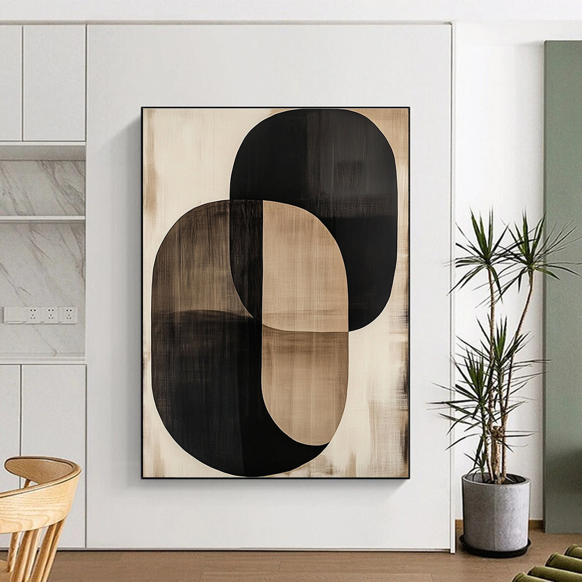 Overlapping Black and Beige Oval Abstract Art GER244
