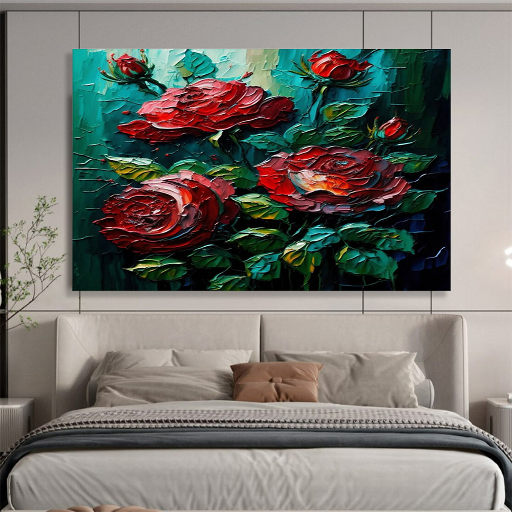 Red Rose Texture Abstract Painting with Deep Greens and Reds THY306