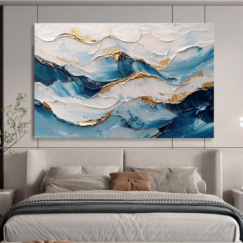 Wave - like Blue White Gold Abstract Painting with Metallic Accents DYP261