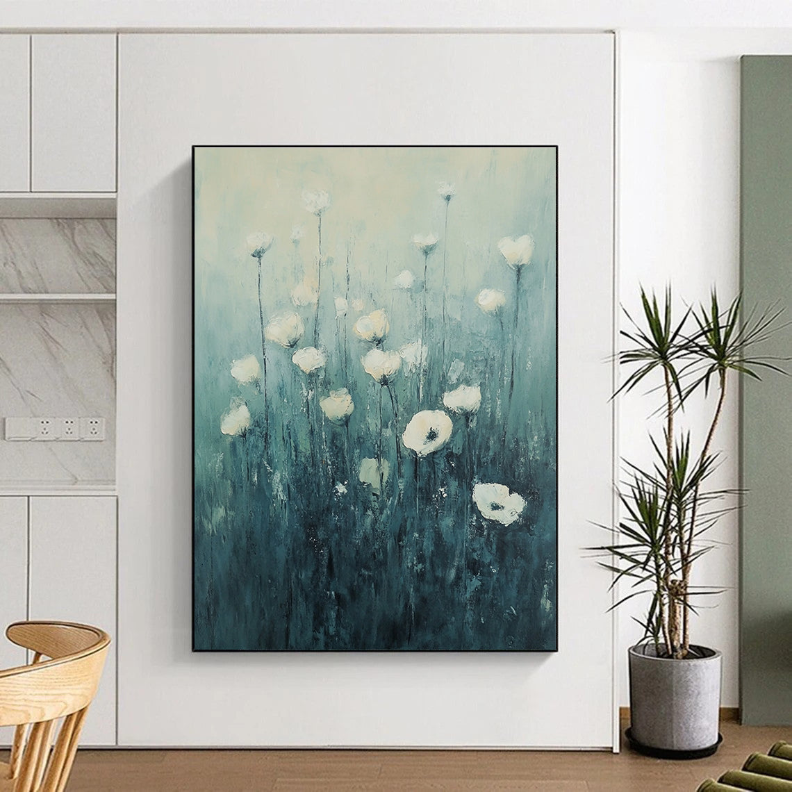 Large abstract painting of white flowers in grass with dreamy hues and impressionist brushstrokes set against a tranquil blue-green gradient contexts.STSC1150