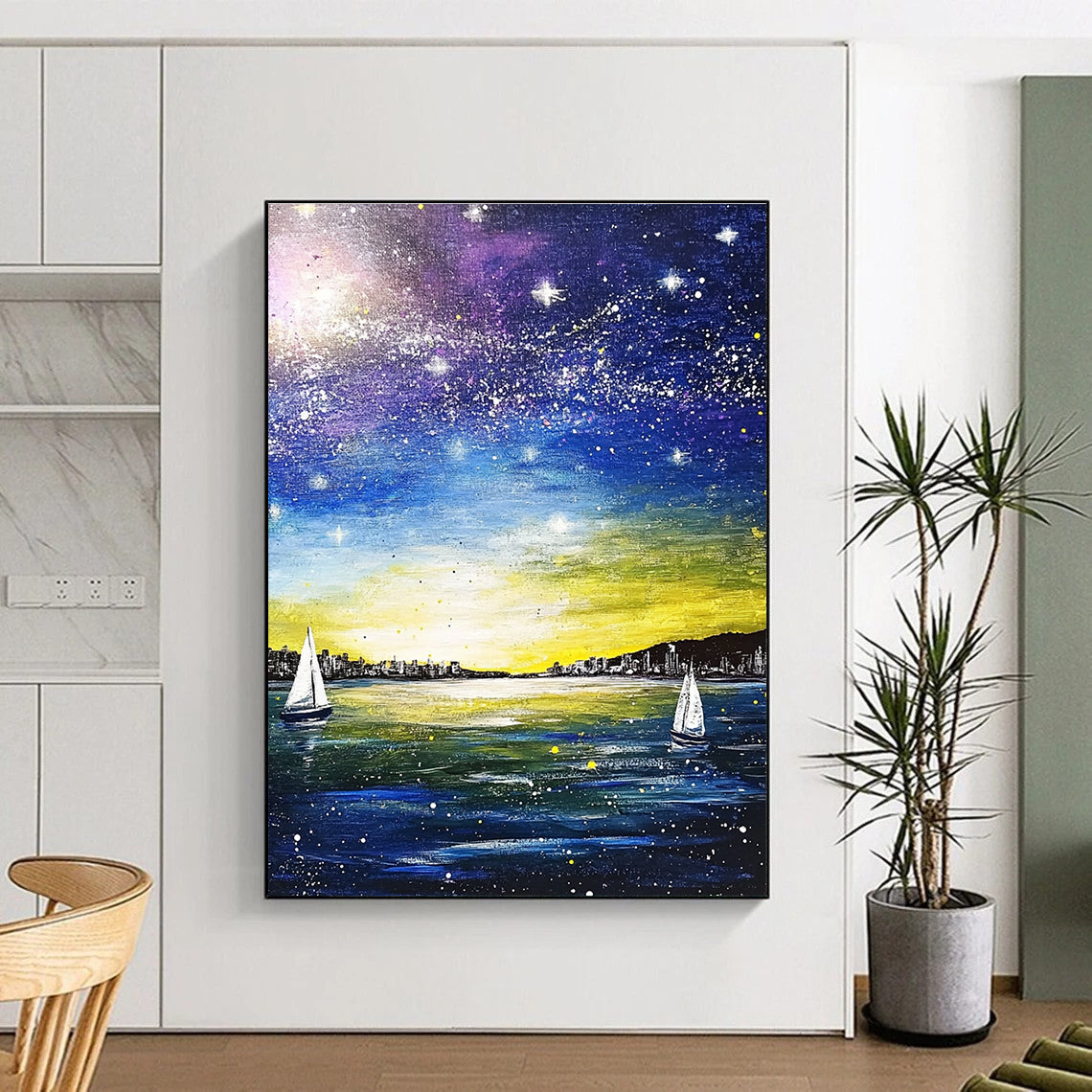 A large abstract painting featuring a blue sea and sky, white stars, sailboats, and a city silhouette using yellow, purple, green, and navy colors.STSC848