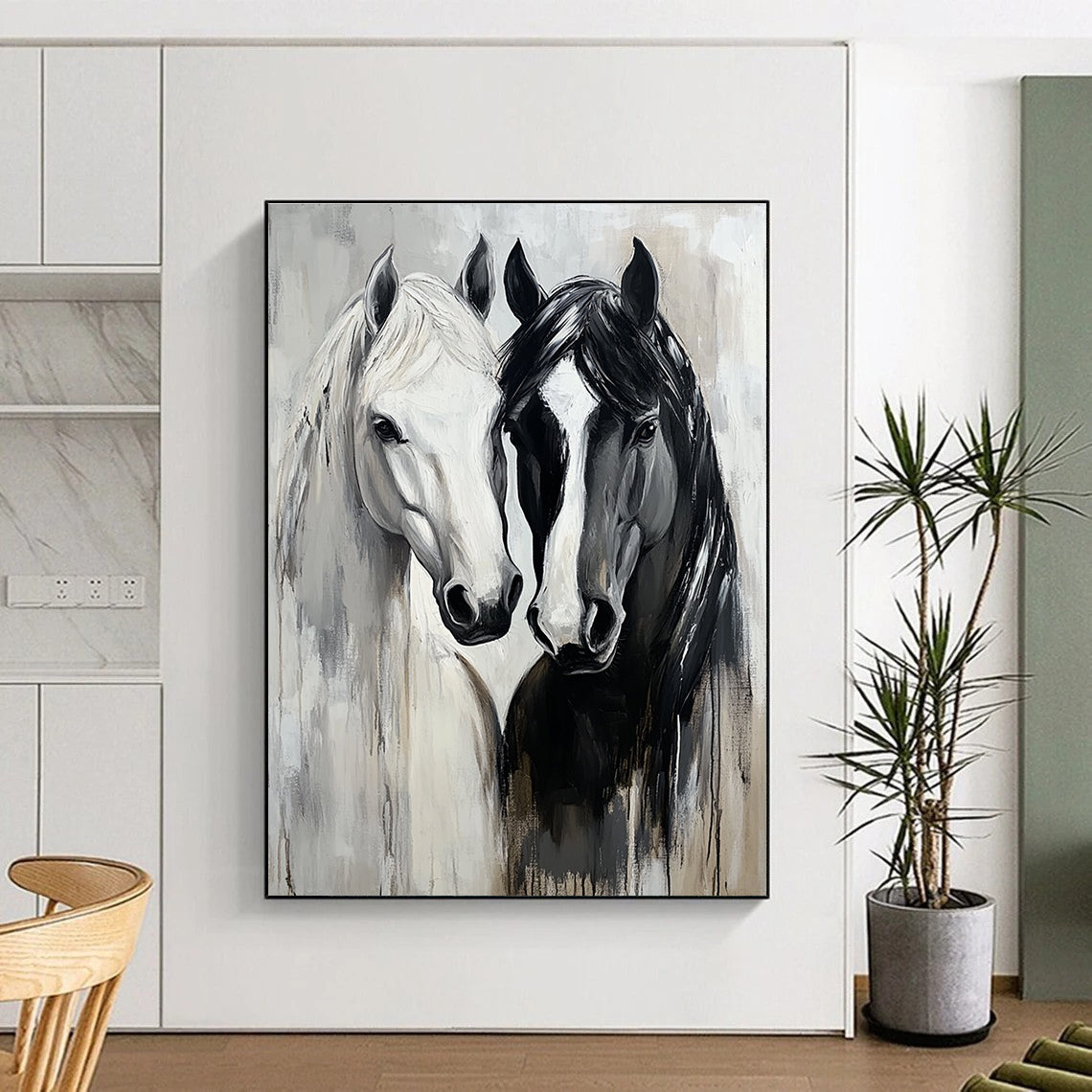 Abstract oil painting of black and white horses embracing with expressive brushstrokes and soft gray tones highlighting their fur texture and connection.STSC1388