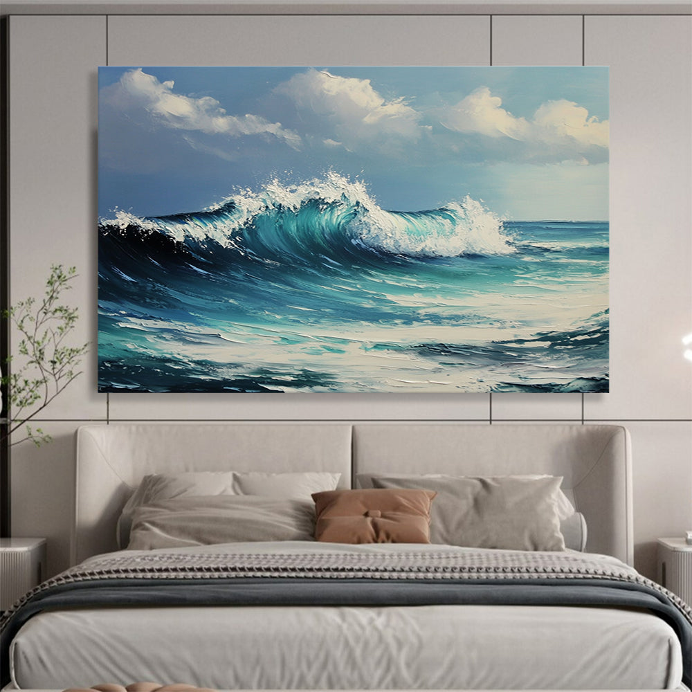 Large abstract oil painting of ocean waves capturing dynamic movement and vibrant colors in the style of Greg Rutkowski for inspiring decor.SC602