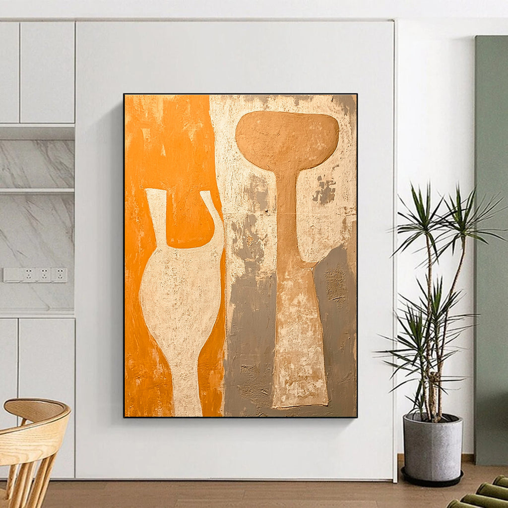 Orange Gray and Beige Vase - Shaped Abstract Painting with Textured Background GER060