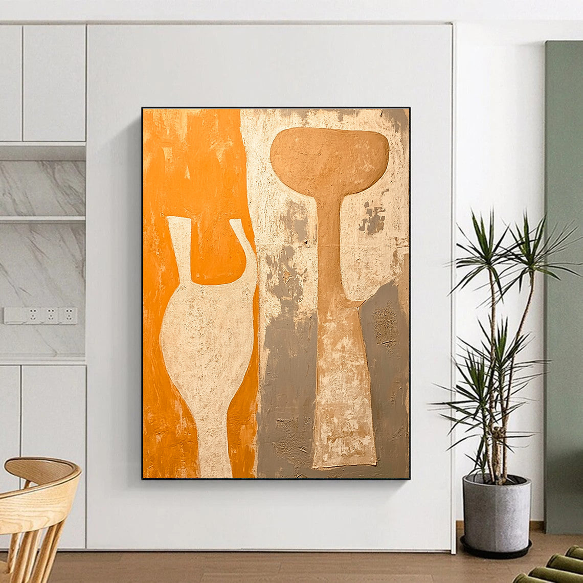 Orange Gray and Beige Vase - Shaped Abstract Painting with Textured Background GER060