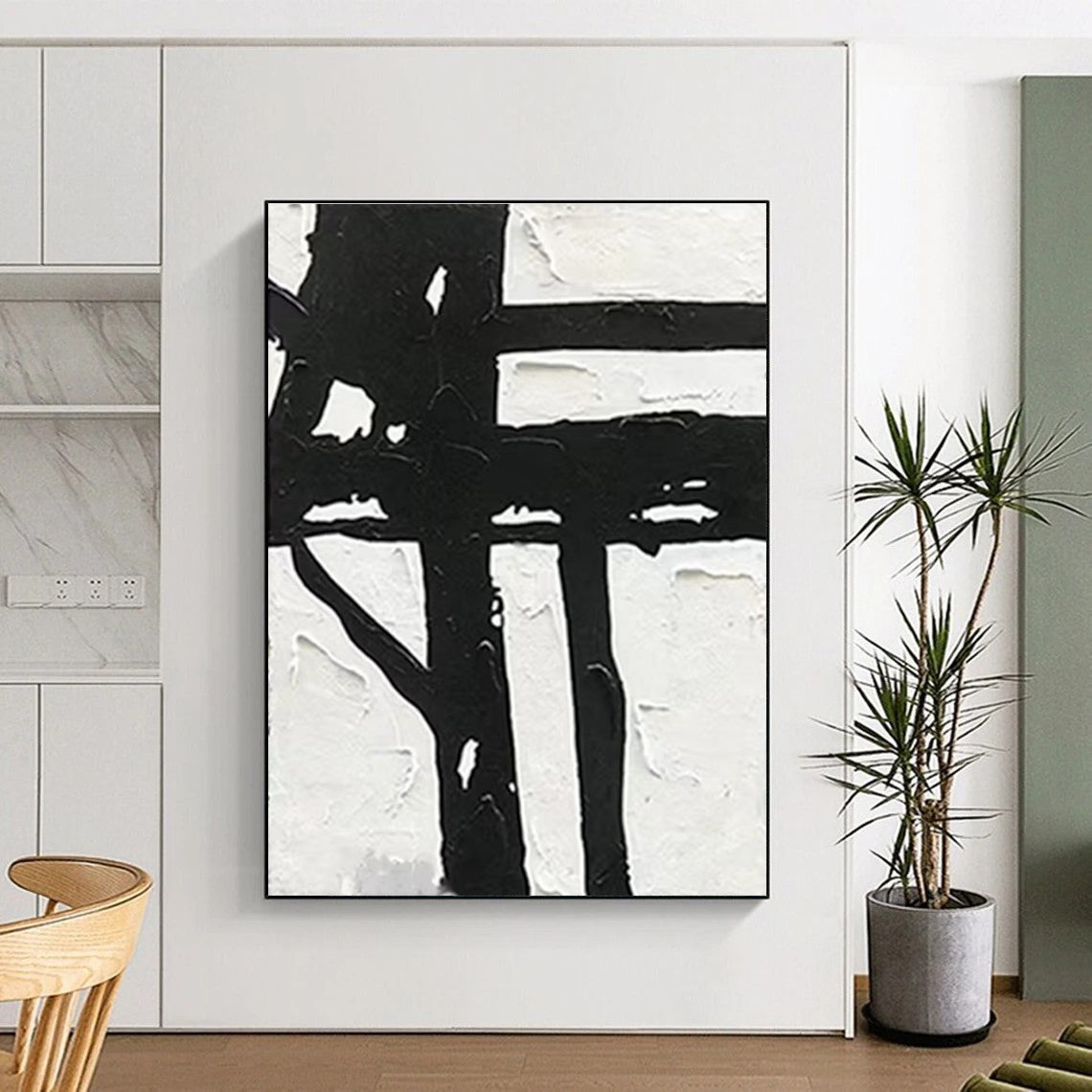 Bold Black and White Abstract Painting with Strong Forms ADGE148