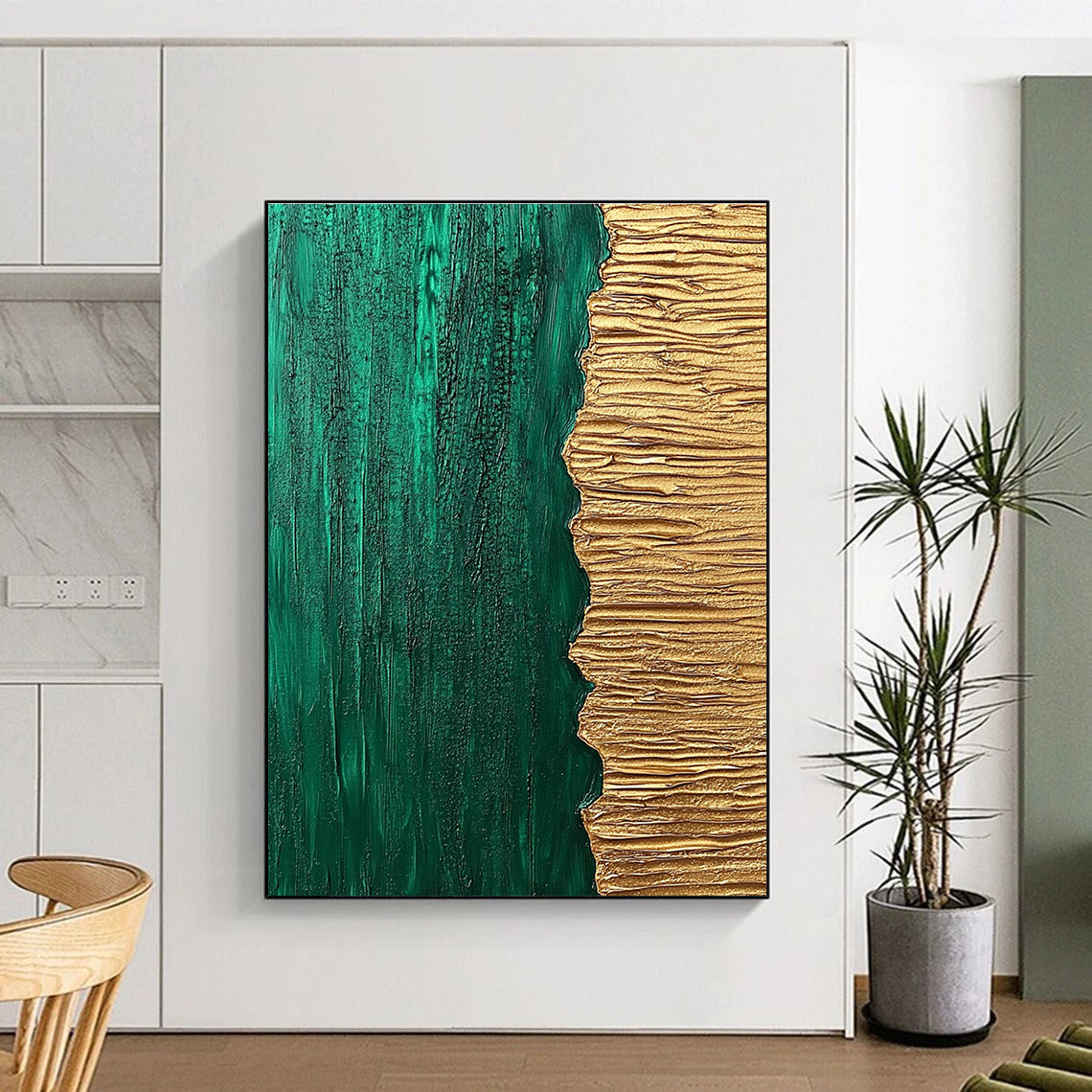 Green Gold Textured Split Abstract Painting GER835