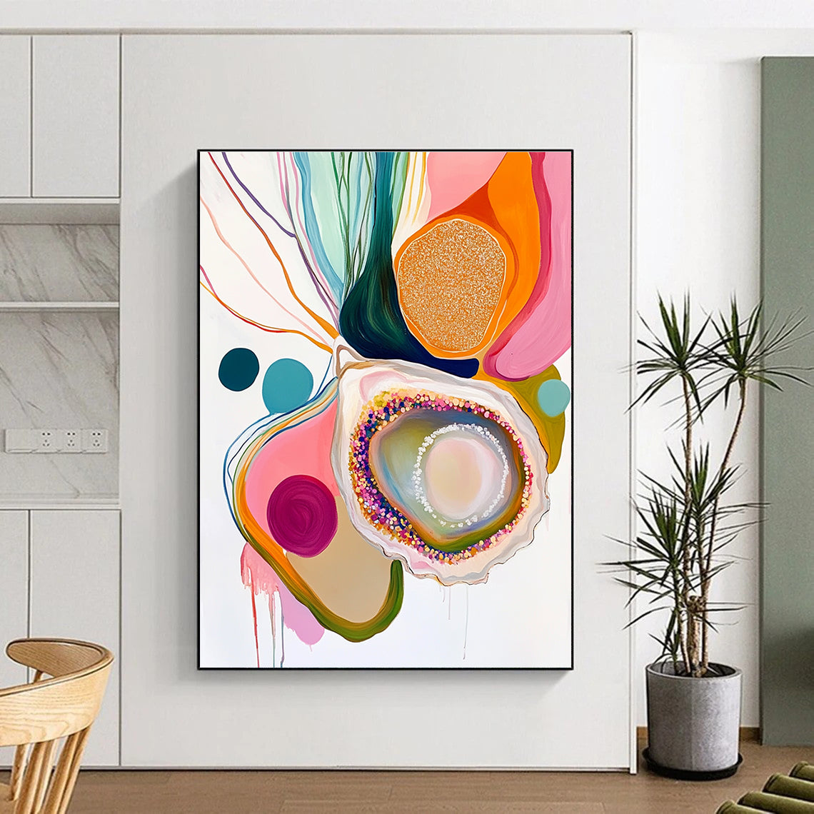 A large abstract painting featuring an oyster with glitter pastel colors on a white background surrounded by colorful organic shapes and patterns.STSC665