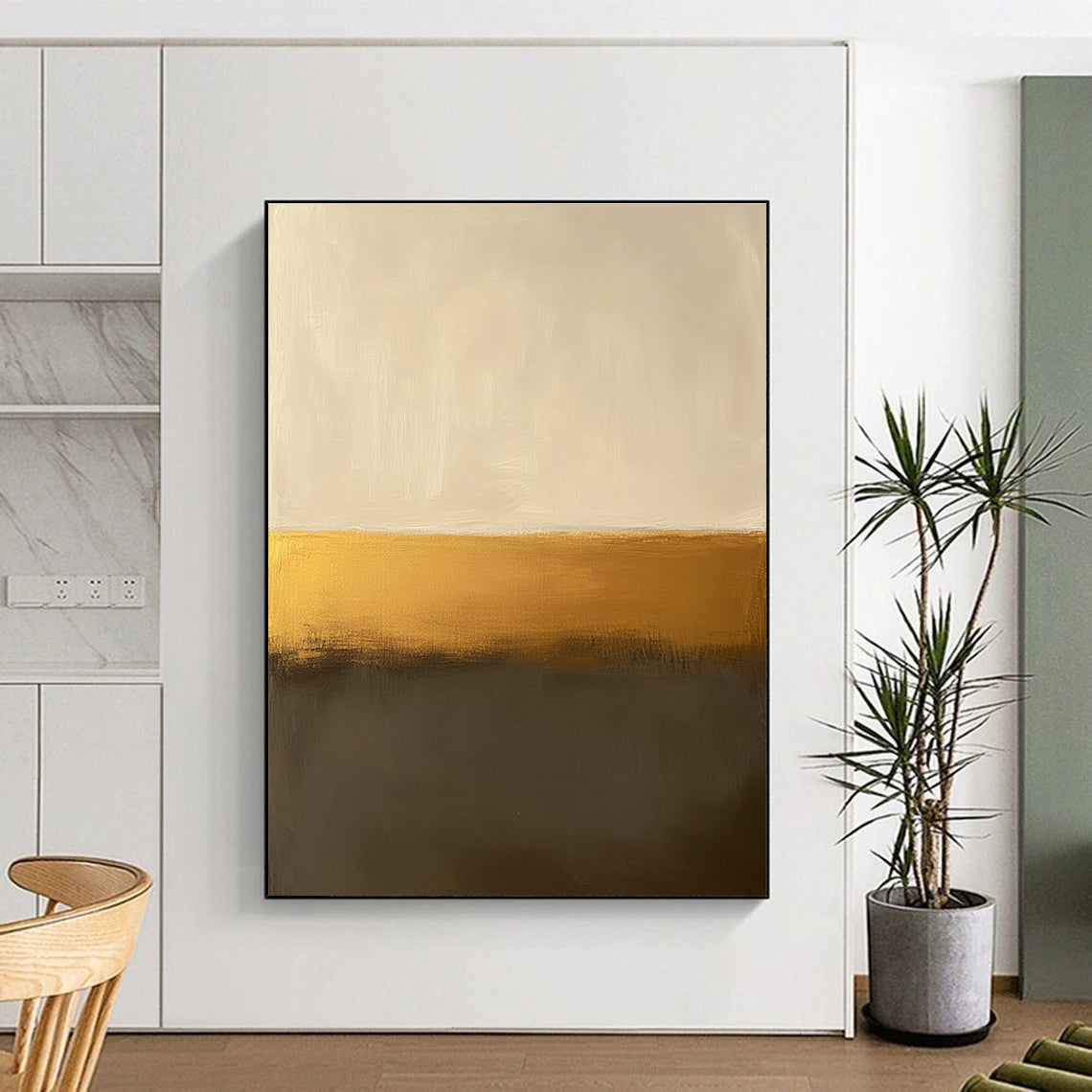 Large abstract painting in beige and gold, inspired by Mark Rothko's minimalist style, perfect for modern decor.STSC112