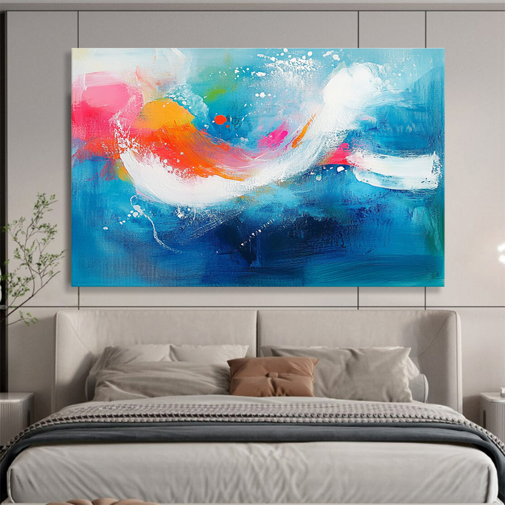Large abstract painting of an underwater scene featuring vibrant aqua blue background with pink and orange accents and energetic white brushstrokes.SC308