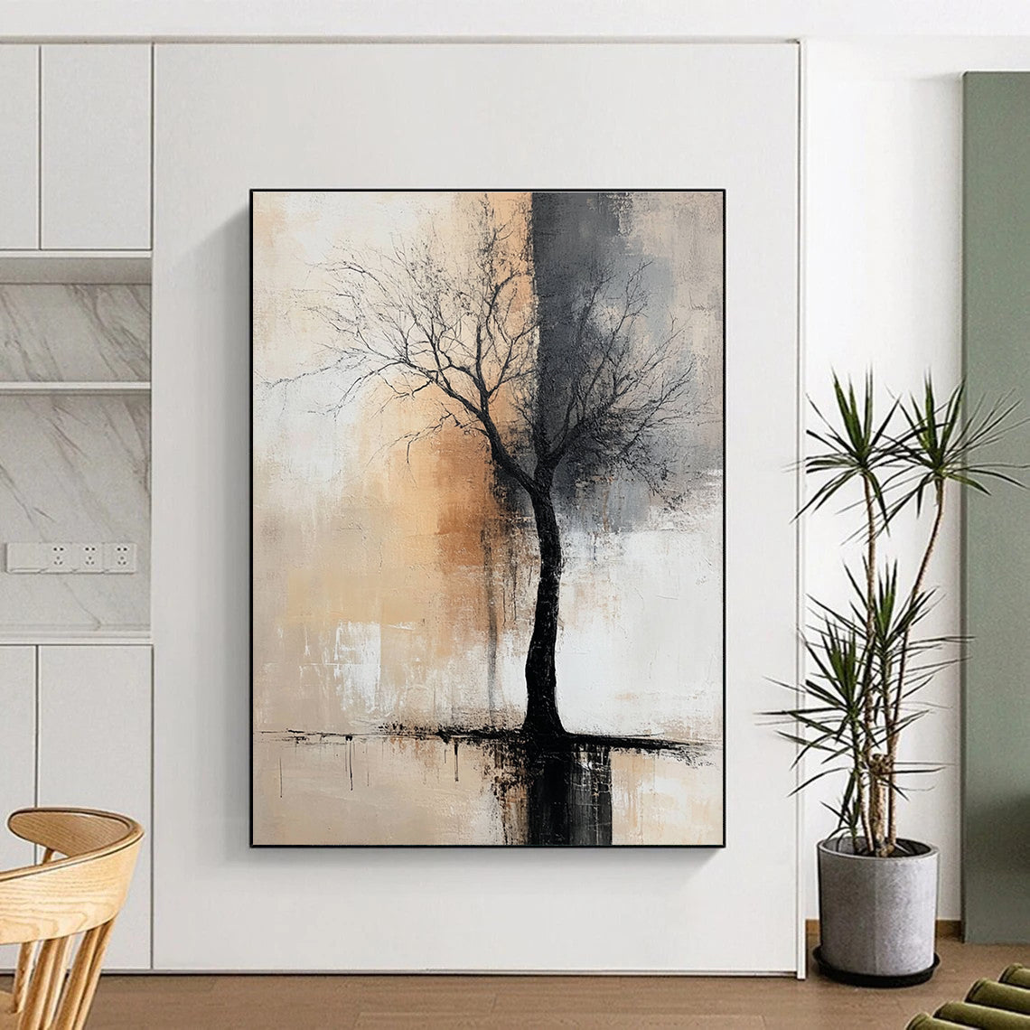Large abstract painting featuring neutral colors in muted gray and beige tones, perfect for elevating any modern space.STSC492