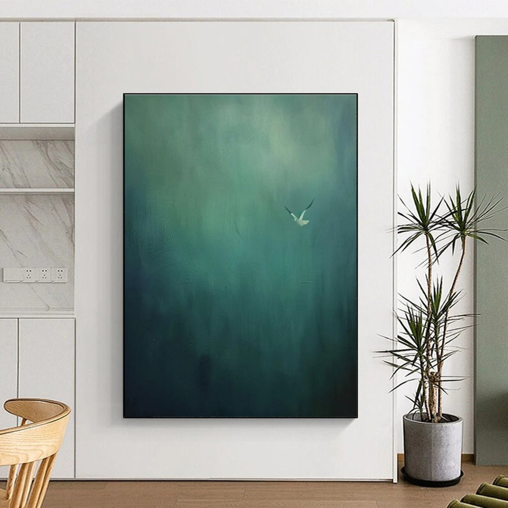 Solitary Bird Abstract Painting with Muted Greens ADGE477