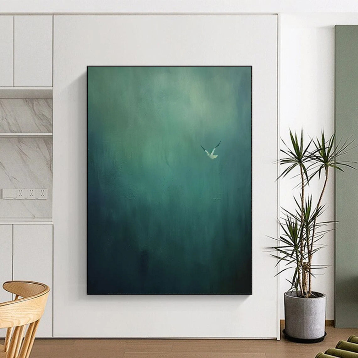 Solitary Bird Abstract Painting with Muted Greens ADGE477