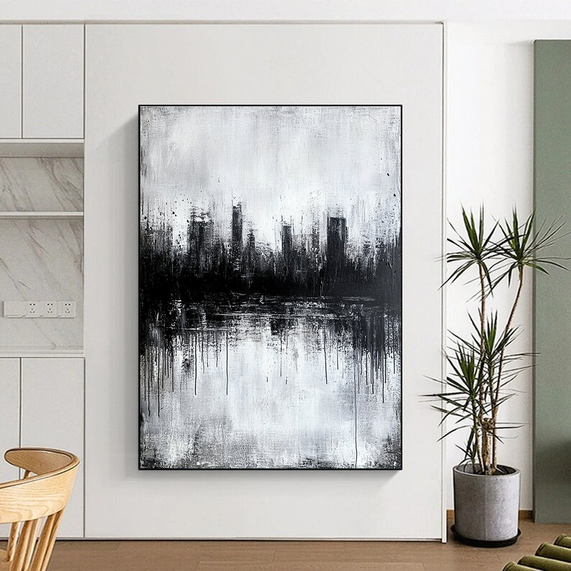 Large abstract painting featuring a city skyline reflection in water with textured gray tones evoking a serene and mysterious atmosphere.STSC025