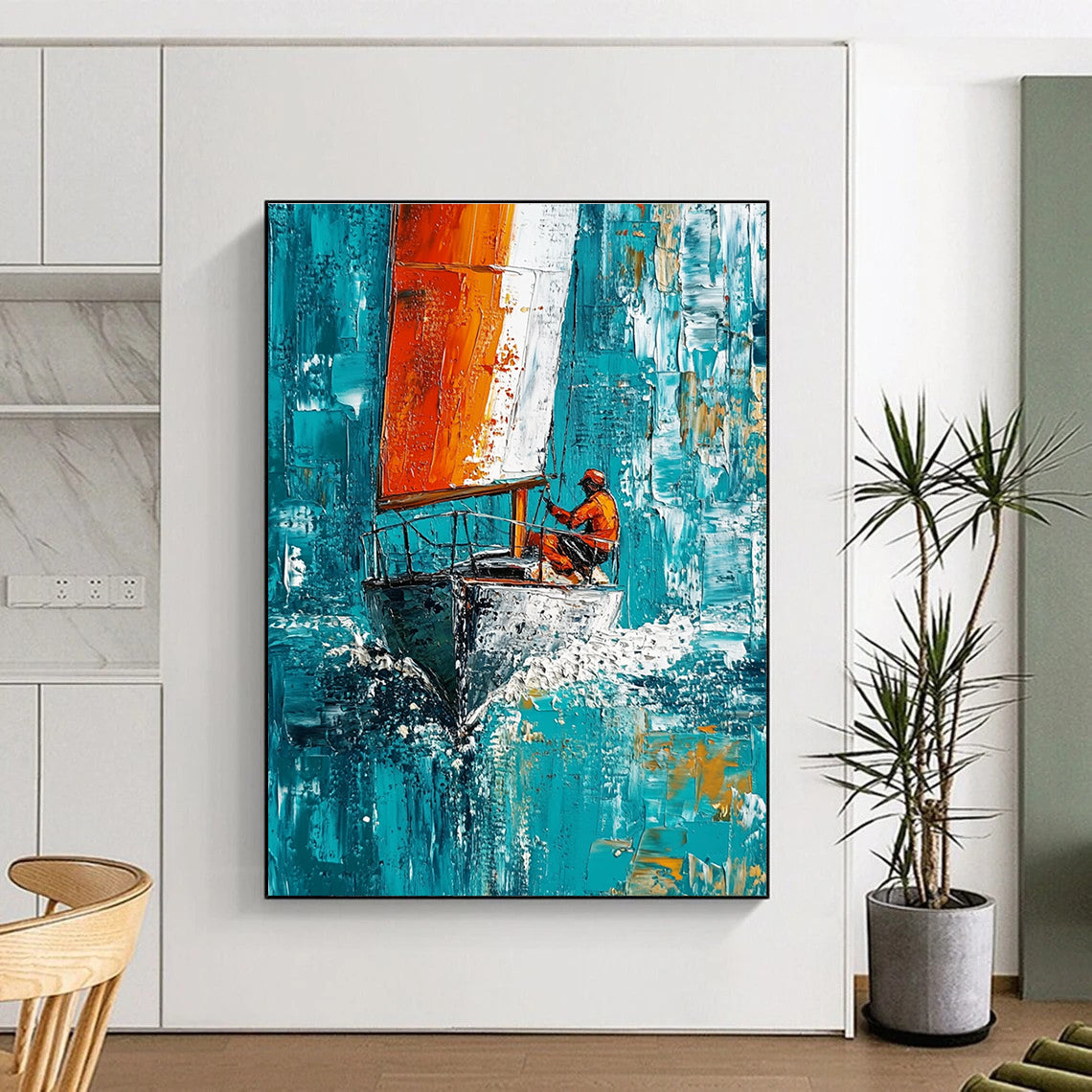 Large abstract painting featuring a sailboat with white and red stripes sailing swiftly on turquoise waters under a blue sky.STSC1418