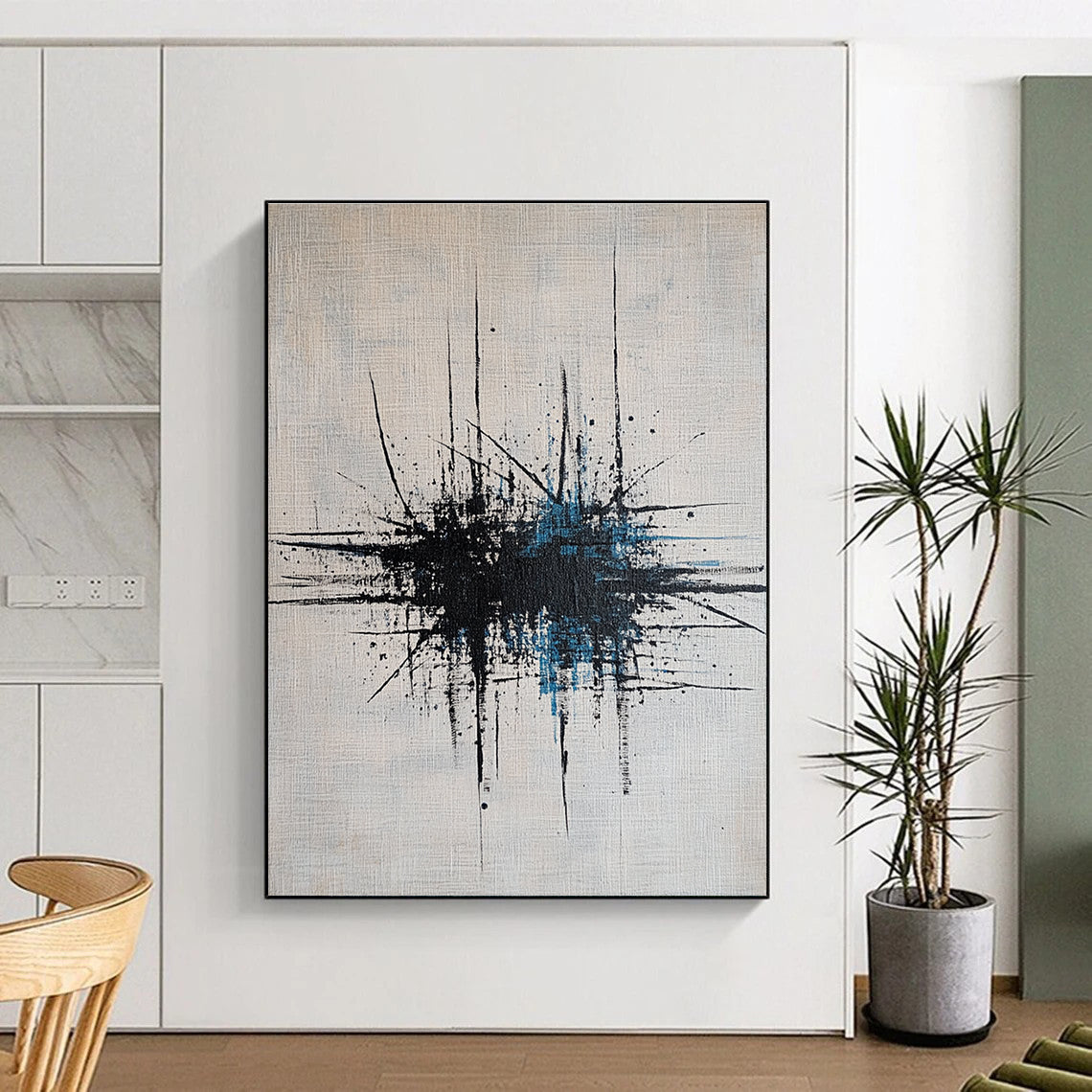 Large abstract painting featuring dynamic lines and dots in grey, blue, and black on a crisp white canvas.STSC189