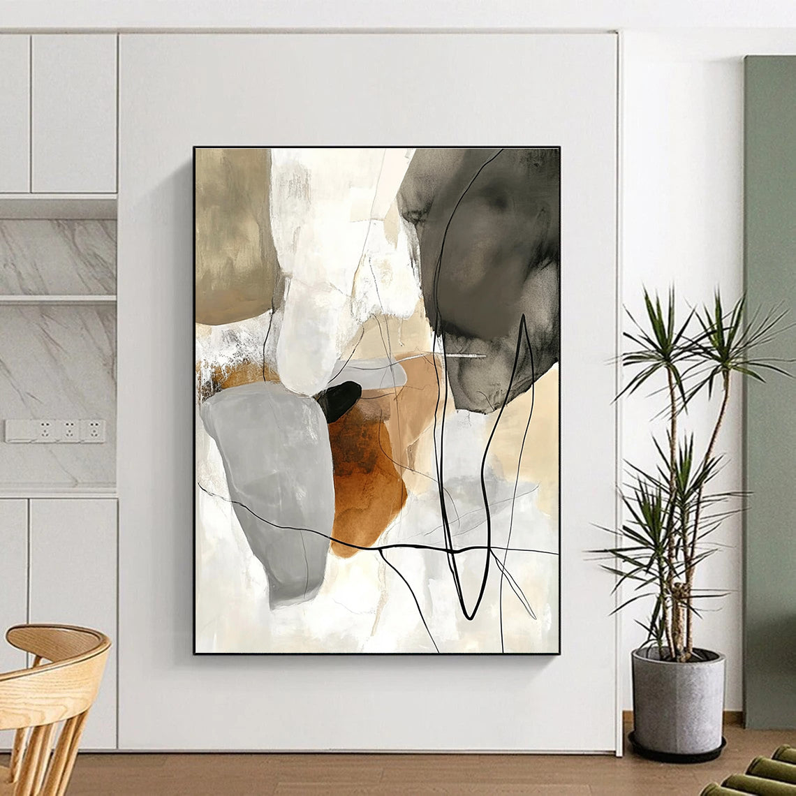 Large abstract painting featuring soft lines and shapes in beige tones with collage elements of black wires and organic textures in dark brown and light gray.STSC798