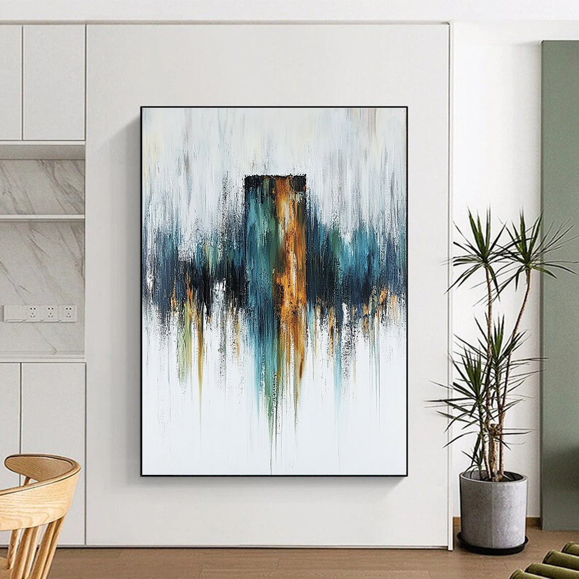 Large abstract painting featuring a rusted metal column on a white canvas with blue green and warm tones for depth and mystery.STSC494