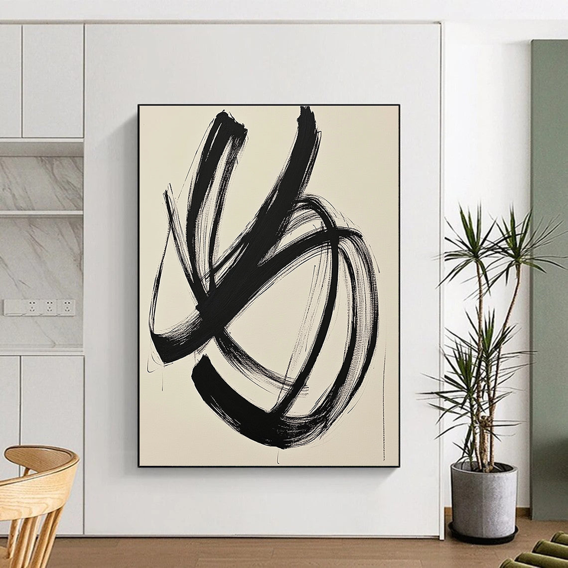 Large abstract drawing of black lines on white paper depicting an ink cloud style with a black square enhancing the minimalist energy.STSC549