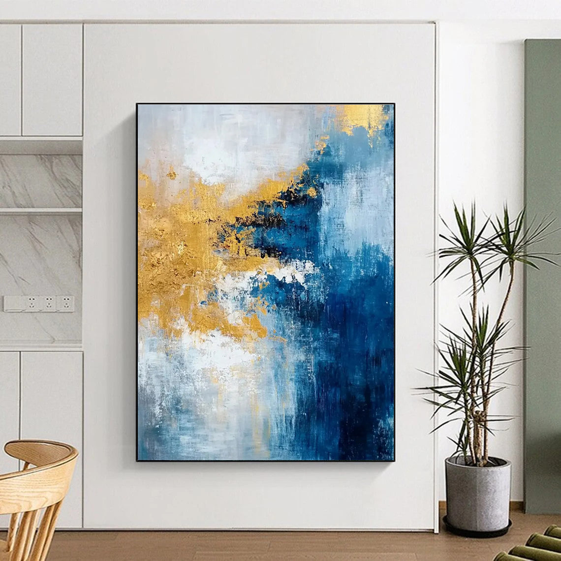 Blue and Gold Abstract Painting with Expressive Brushstrokes ADGE062