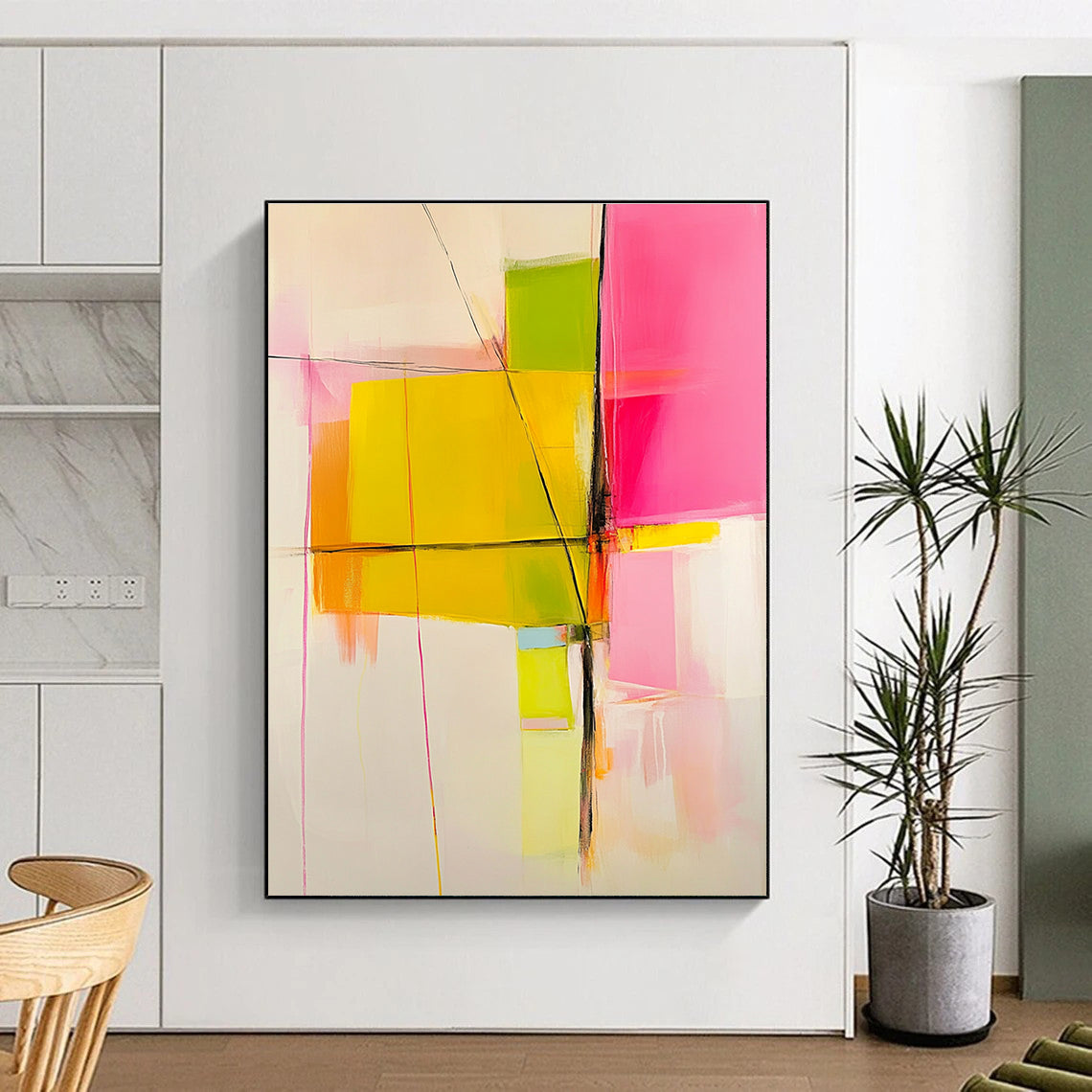 Large abstract painting with pink yellow and green color blocks and lines on a white background featuring warm tones and minimalist brushstrokes.STSC443