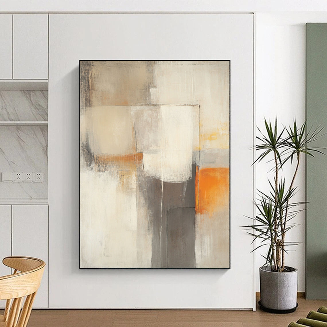 Large abstract painting in beige and grey tones featuring blurred geometric shapes and a subtle orange accent for vibrancy.STSC753