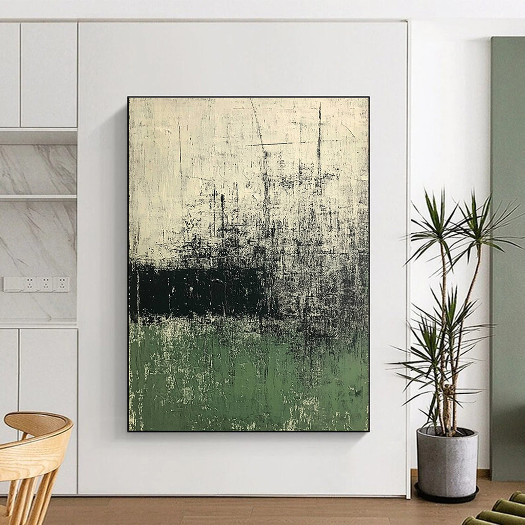 Large abstract painting in green and white tones with dark gray texture on old paper background evokes calmness and mystery through eroded and cracked surfaces.STSC423
