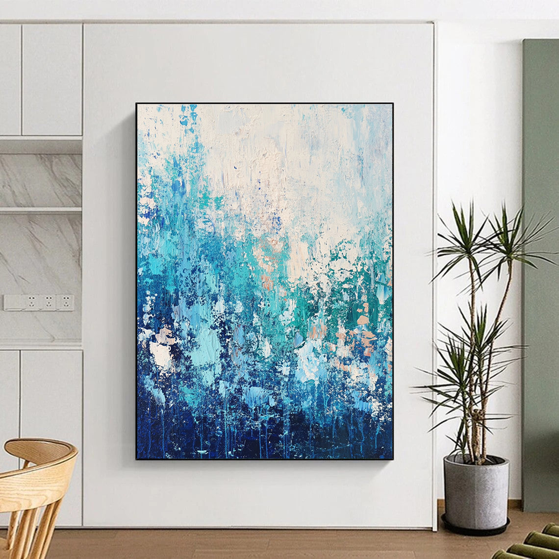 Large abstract painting featuring water and sky-inspired colors with a paint-dripping technique that evokes movement and depth.STSC452