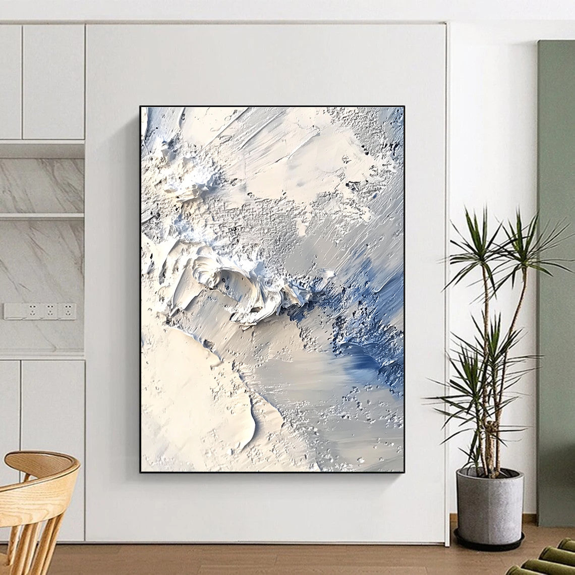 Large abstract painting capturing an Arctic landscape with thick impasto layers in white and gray reminiscent of John Martin's style.STSC258