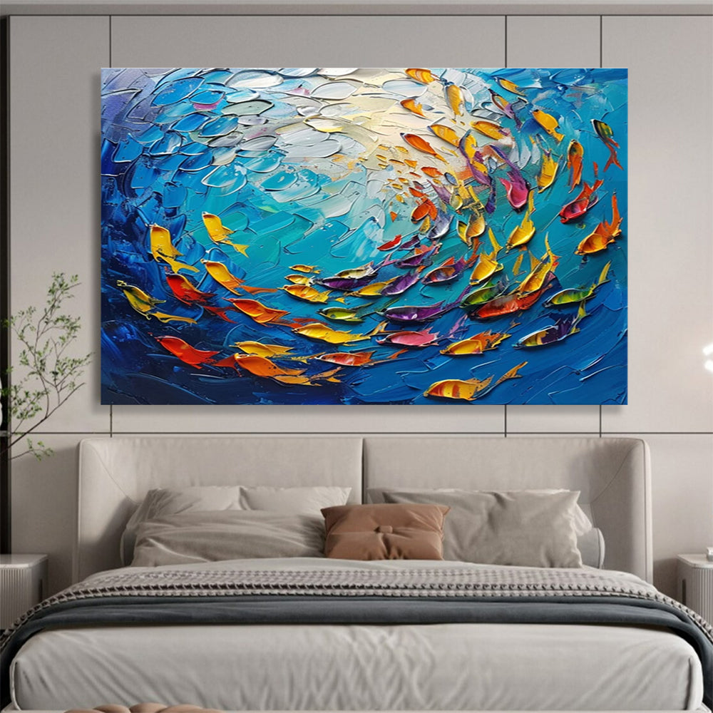 Colorful Fish School Abstract Painting with Blue, Yellow, and Colorful Fish THY199