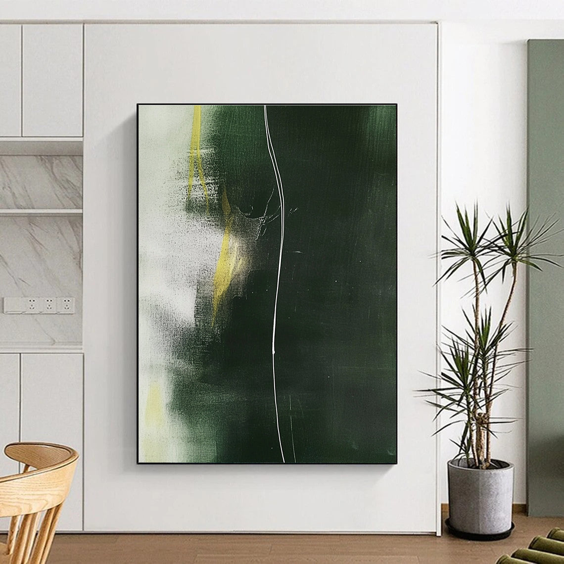 Green and Yellow Abstract Painting with Dynamic Lines GER140