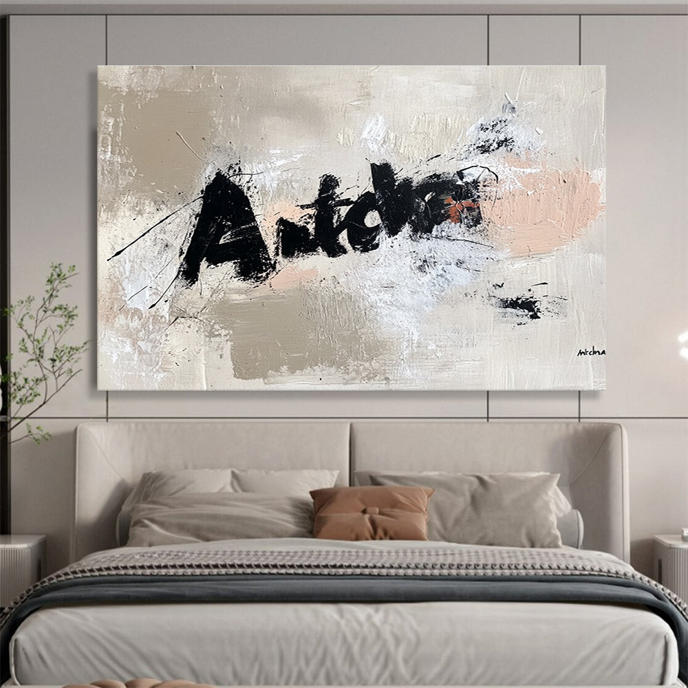 Textured Word Abstract Painting with Beige and Black DYP469