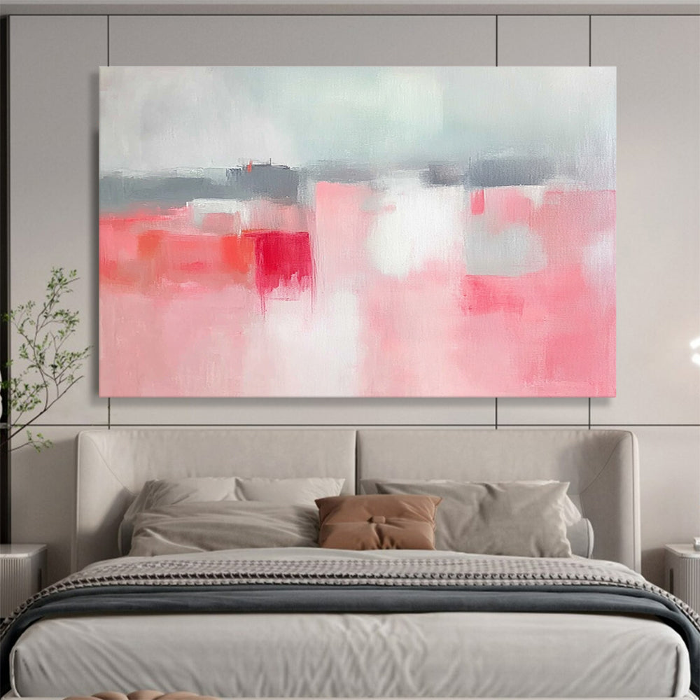 Large abstract painting featuring soft pink and grey tones, white space, sky blue, red accents, and a blurred town background.SC257