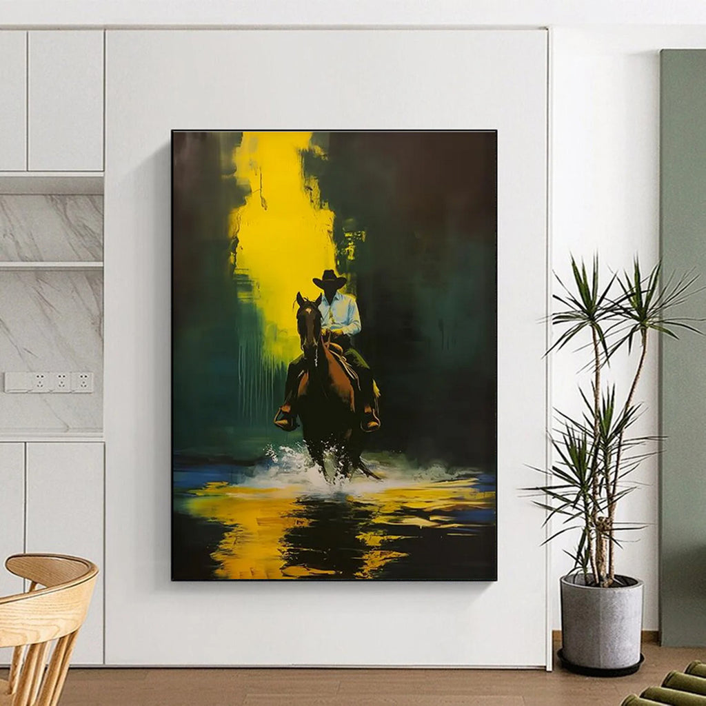 Cowboy on Horse in Yellow and Green Abstract Painting ADGE104