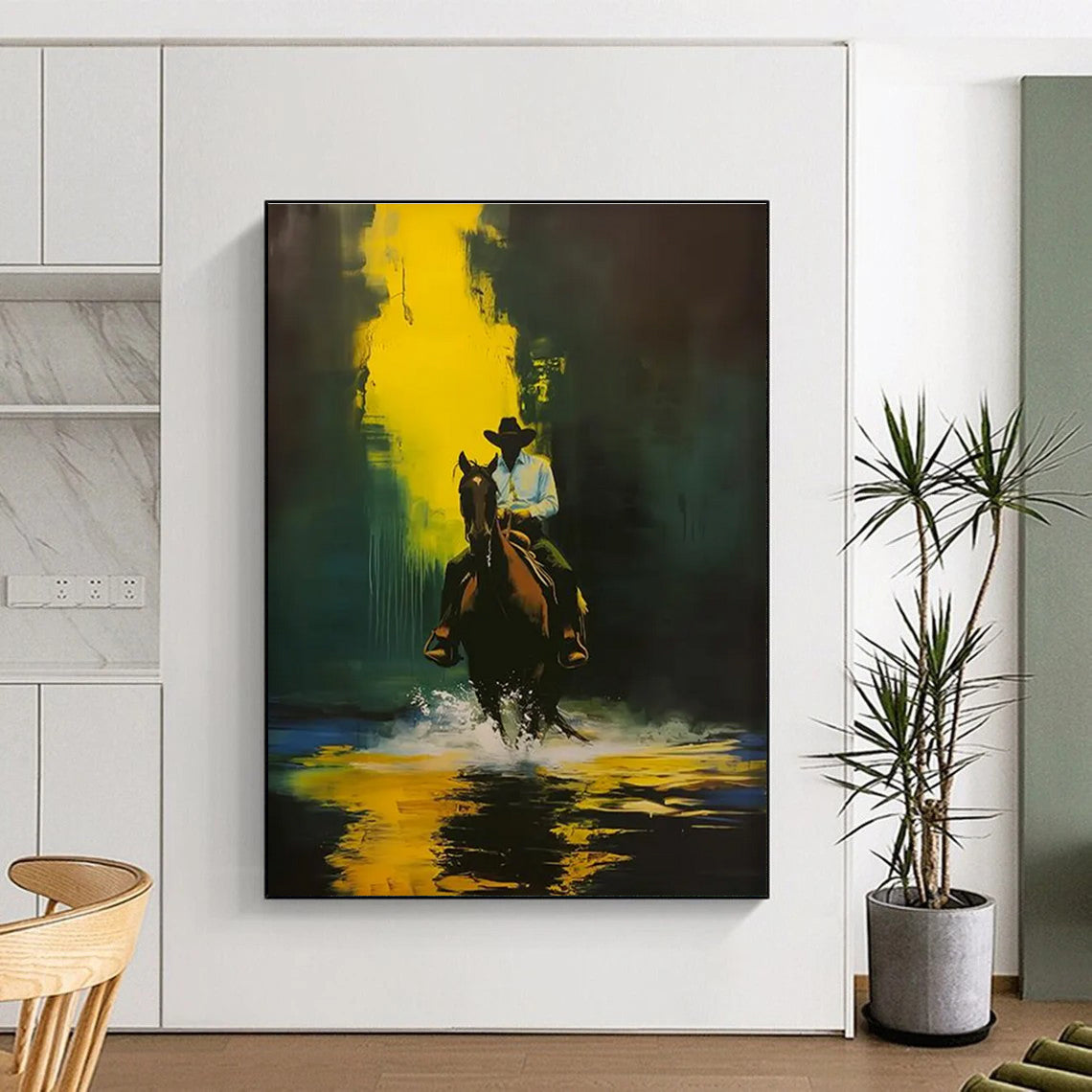 Cowboy on Horse in Yellow and Green Abstract Painting ADGE104