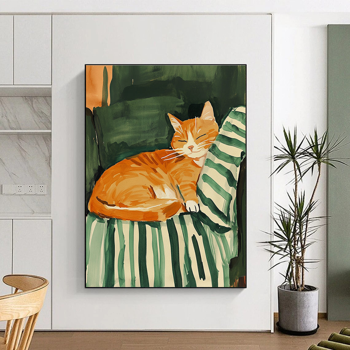 A vibrant abstract gouache painting featuring a joyful orange cat on a striped green blanket, inspired by Maira Kalman's pastel style.STSC1016