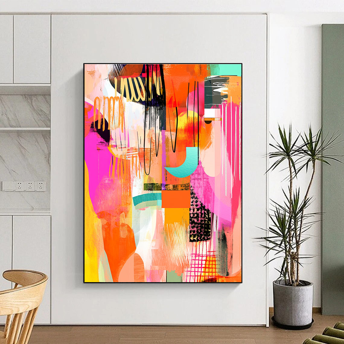 Large abstract art featuring pink orange yellow and white shapes with whimsical patterns bold lines and hand-drawn textures in a vibrant warm color palette.STSC046