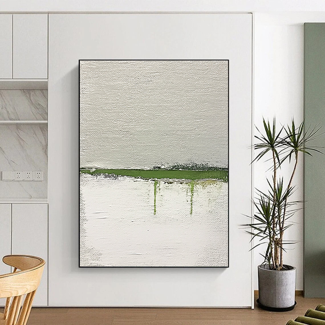 Large abstract painting featuring a green horizon on textured white canvas with thick impasto strokes accentuated by muted lime and gray tones.STSC1094