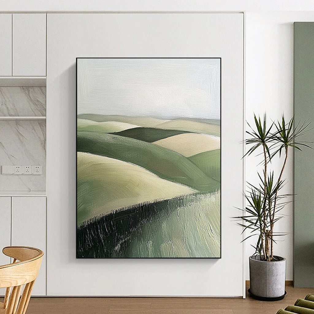 Large Abstract Painting of Green Rolling Hills in Textured Sage and Beige Tones Perfect for Adding Calmness to Any Space.STSC876
