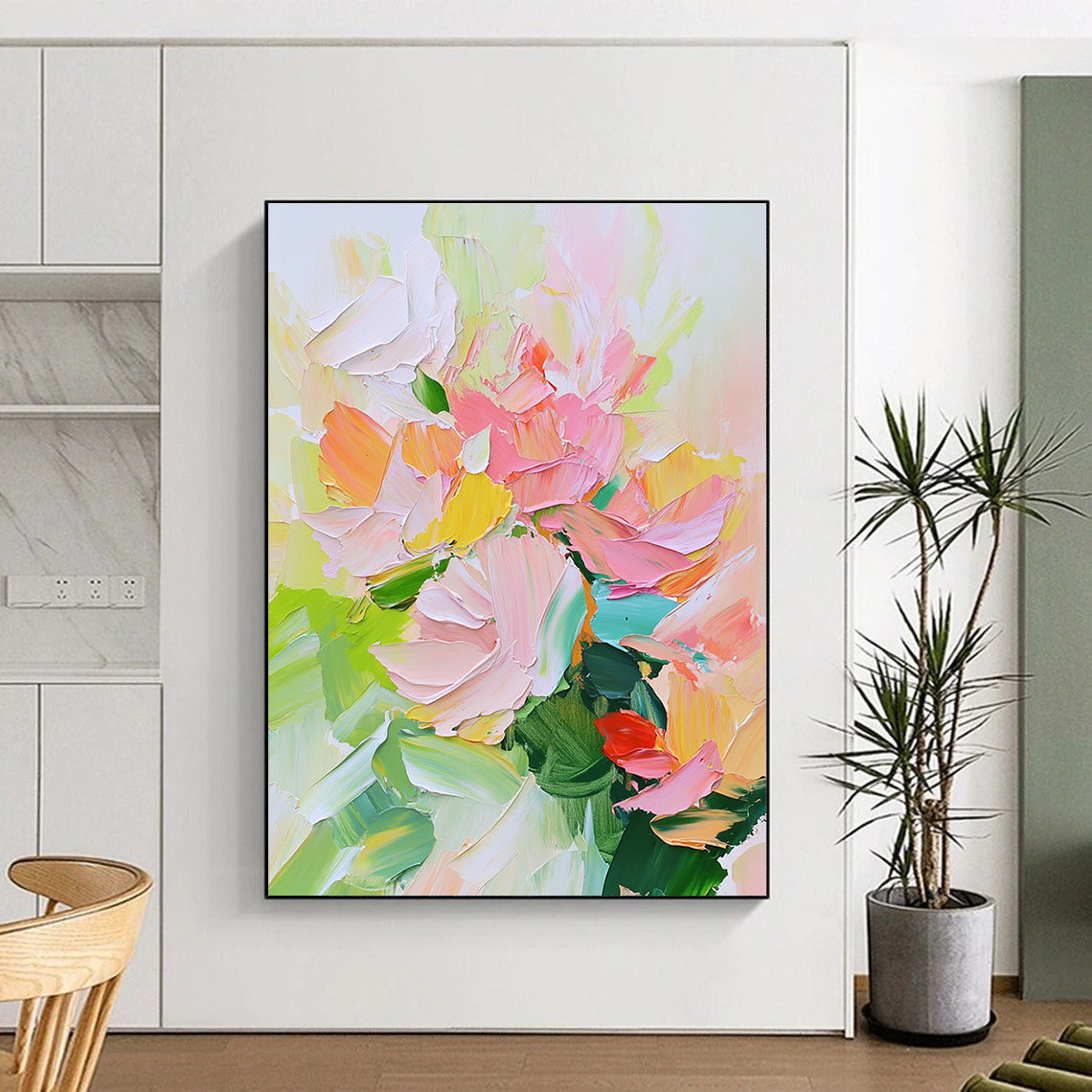 Large abstract painting of spring flowers in soft pastel colors with thick palette knife strokes of pink and green.STSC700