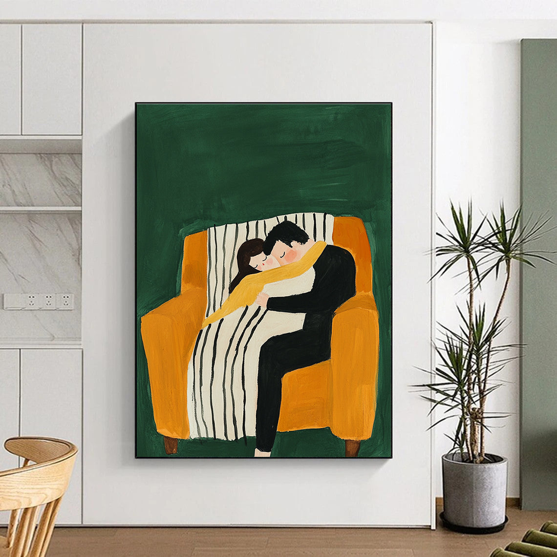 An abstract gouache illustration featuring a couple cuddling on an armchair with a striped blanket against a vibrant green background.STSC1054