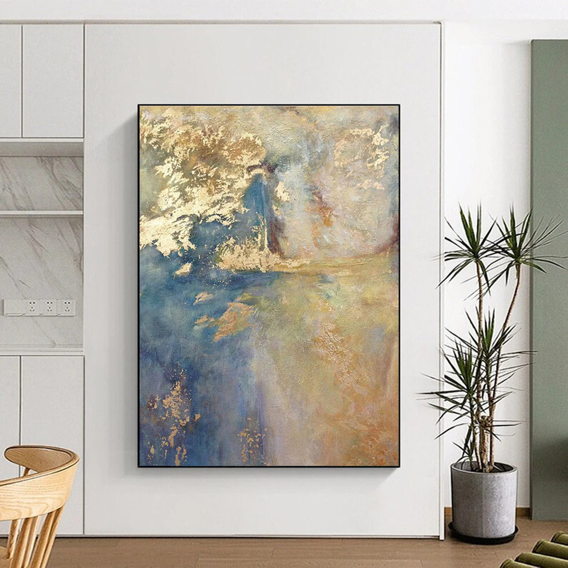 Blue and Gold Abstract Painting with Dreamy Layers ADGE518